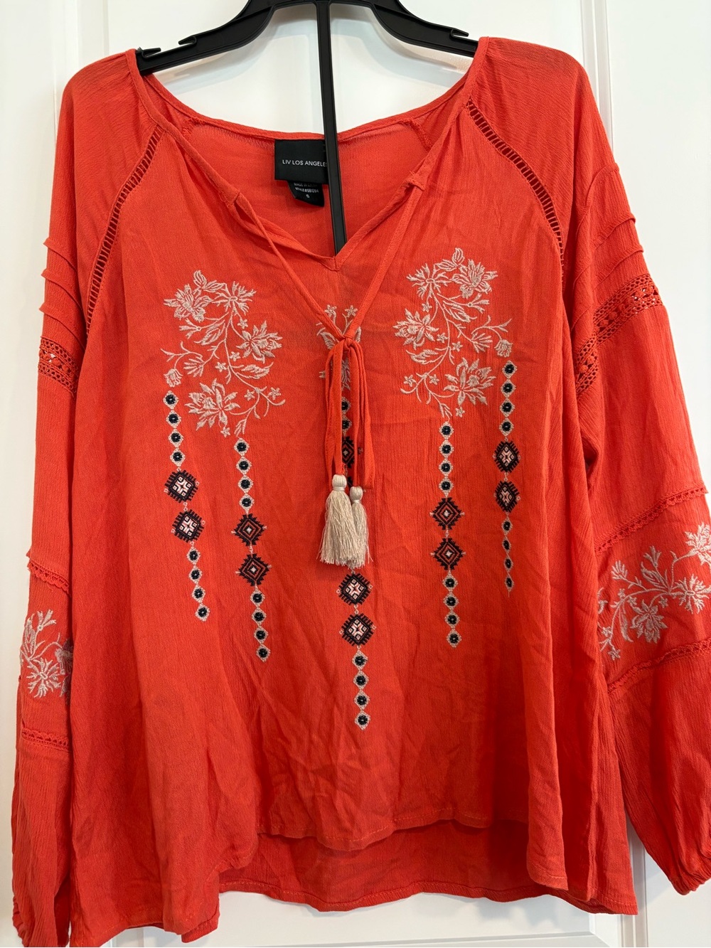 Lightweight Coral Embroidered Boho Tunic with Tassel Tie by LV Los Angeles